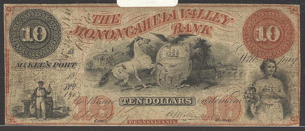McKee's Port, PA, The Monongahela Valley Bank 1852 $10 Autographed, 1907, F